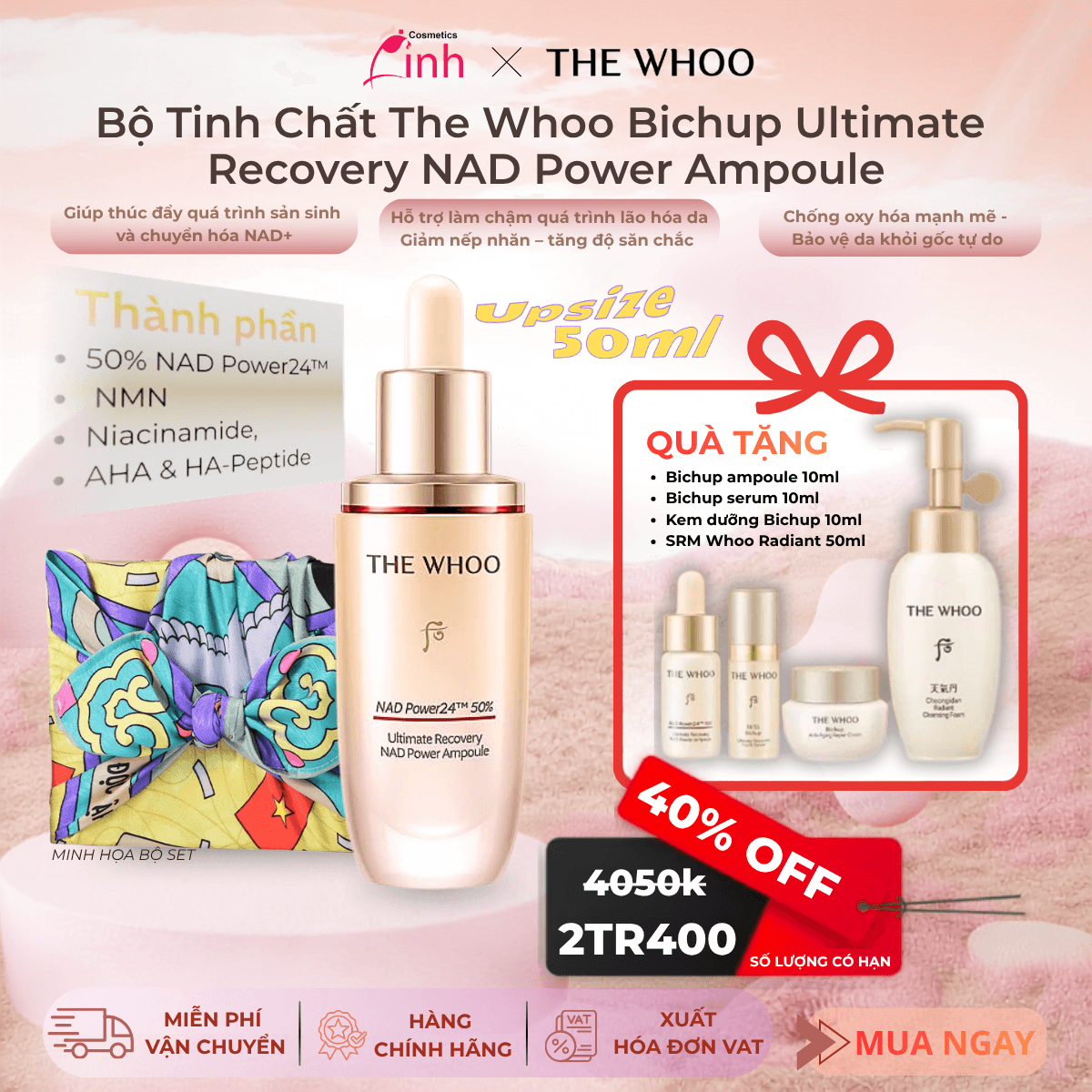 Bộ Tinh Chất Tăng Cường Hỗ Trợ Ngừa Lão Hóa Chuyên Sâu The Whoo Bichup Ultimate Recovery NAD Power Ampoule Upsize 50ml