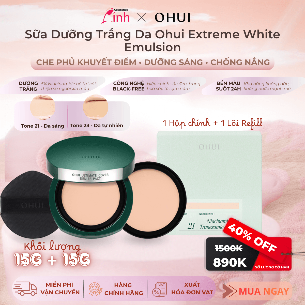 Phấn Nền Dạng Nén Hỗ Trợ Sáng Da Mờ Thâm Nám OHUI Ultimate Cover Denier Pact SPF50