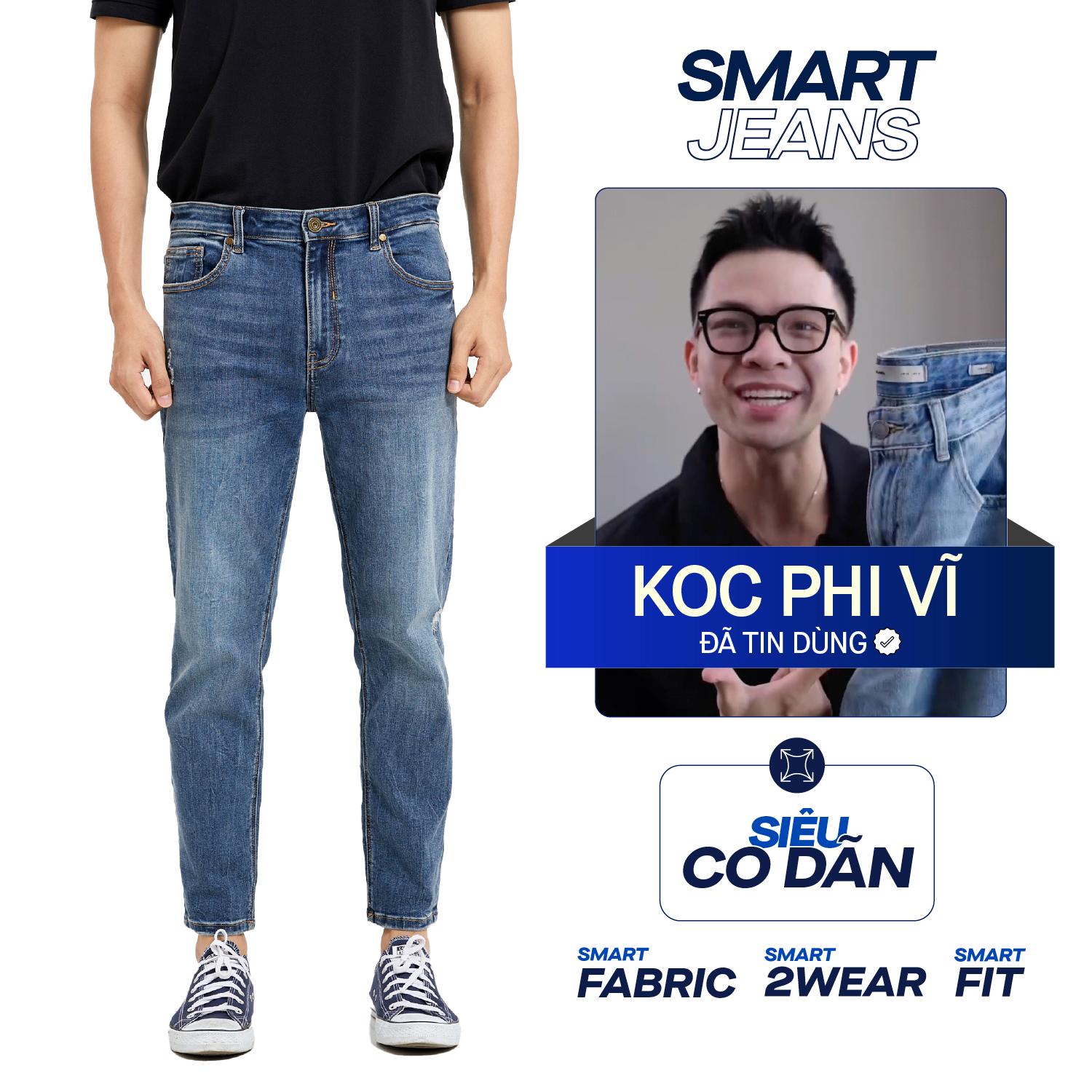 Quần Smart Jeans Nam Siêu Co Dãn Xanh Trơn Form Smart Fit
