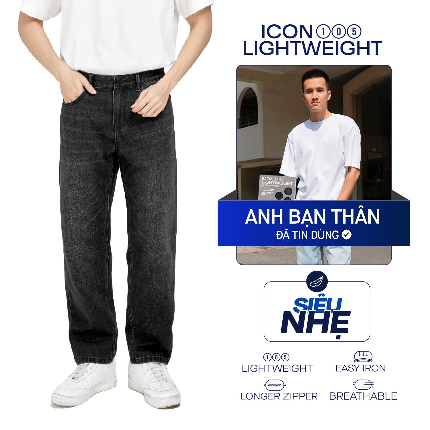 Quần Jeans Nam Siêu Nhẹ Ống Suông Xám Đen Trơn ICON105 Form Straight
